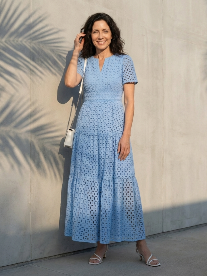 Brielle | Vestido Midi em Camadas com Decote em V e Manga Curta