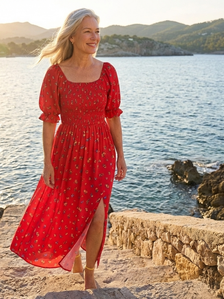 Delphine | Vestido Midi Floral com Mangas Bufantes e Decote Quadrado