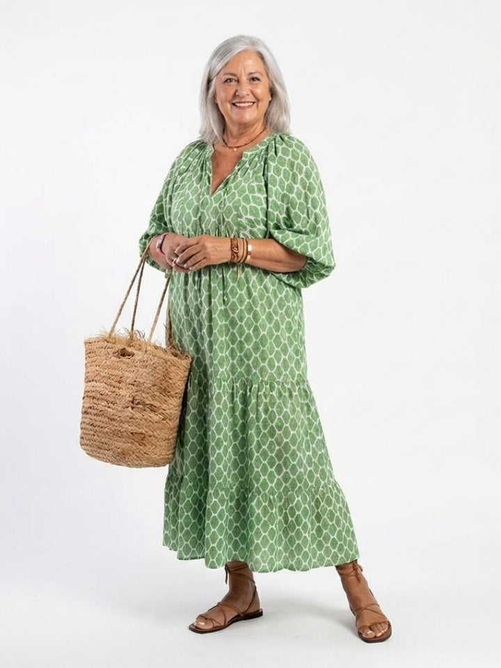 Apolline | Vestido Midi Padrão com Decote em V e Manga Três Quartos