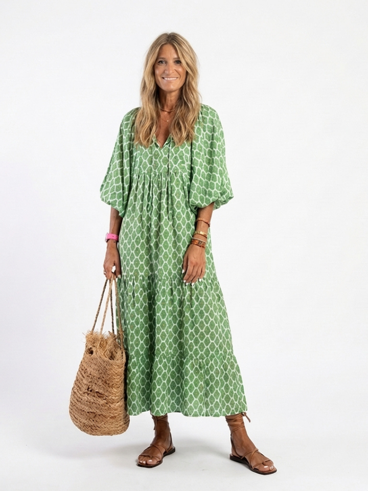 Apolline | Vestido Midi Padrão com Decote em V e Manga Três Quartos