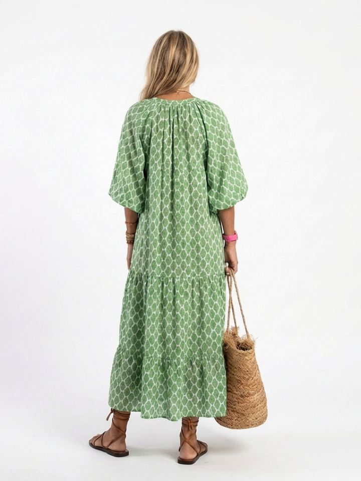 Apolline | Vestido Midi Padrão com Decote em V e Manga Três Quartos