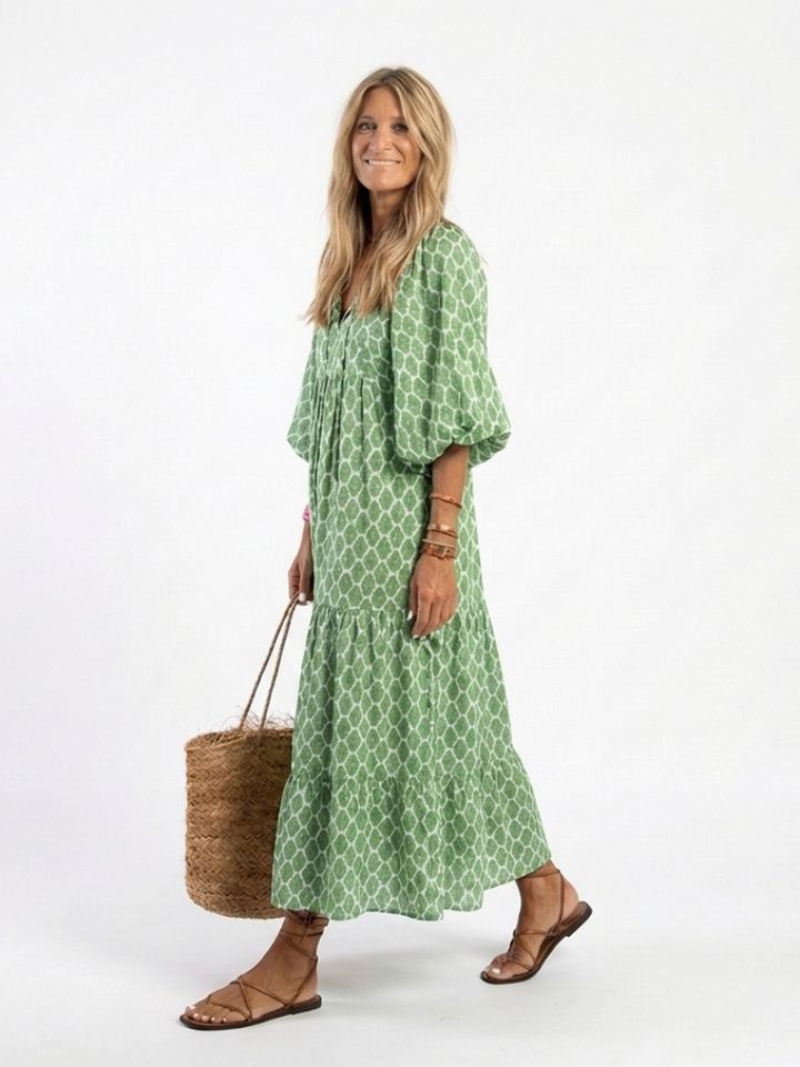 Apolline | Vestido Midi Padrão com Decote em V e Manga Três Quartos
