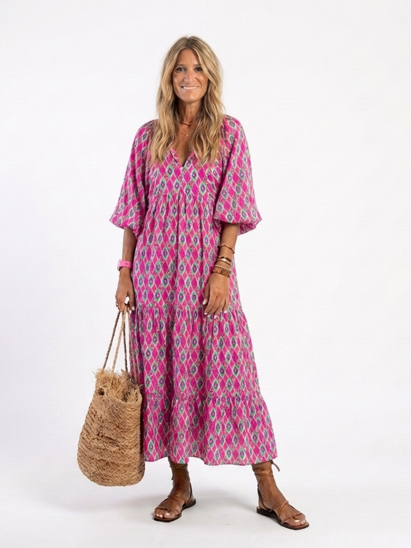 Apolline | Vestido Midi Padrão com Decote em V e Manga Três Quartos