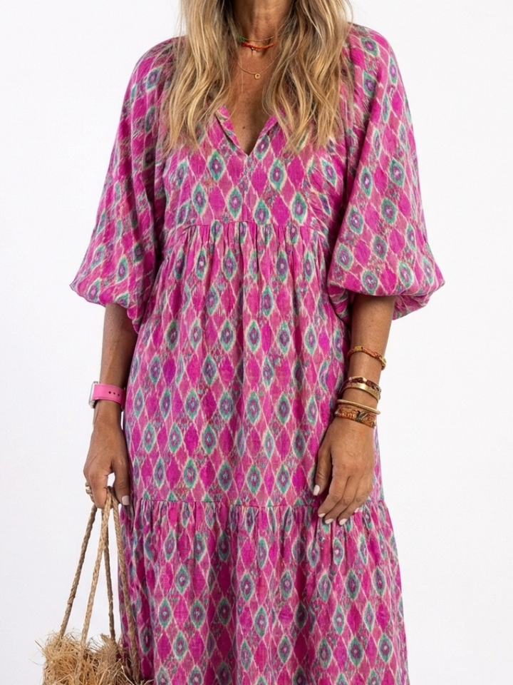 Apolline | Vestido Midi Padrão com Decote em V e Manga Três Quartos