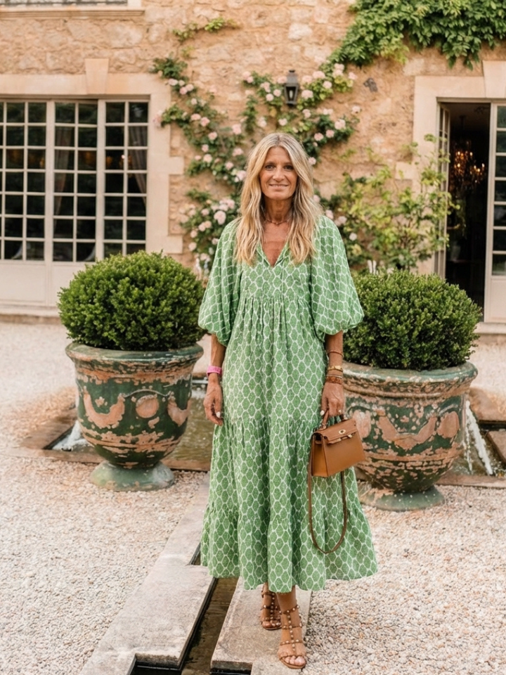 Apolline | Vestido Midi Padrão com Decote em V e Manga Três Quartos