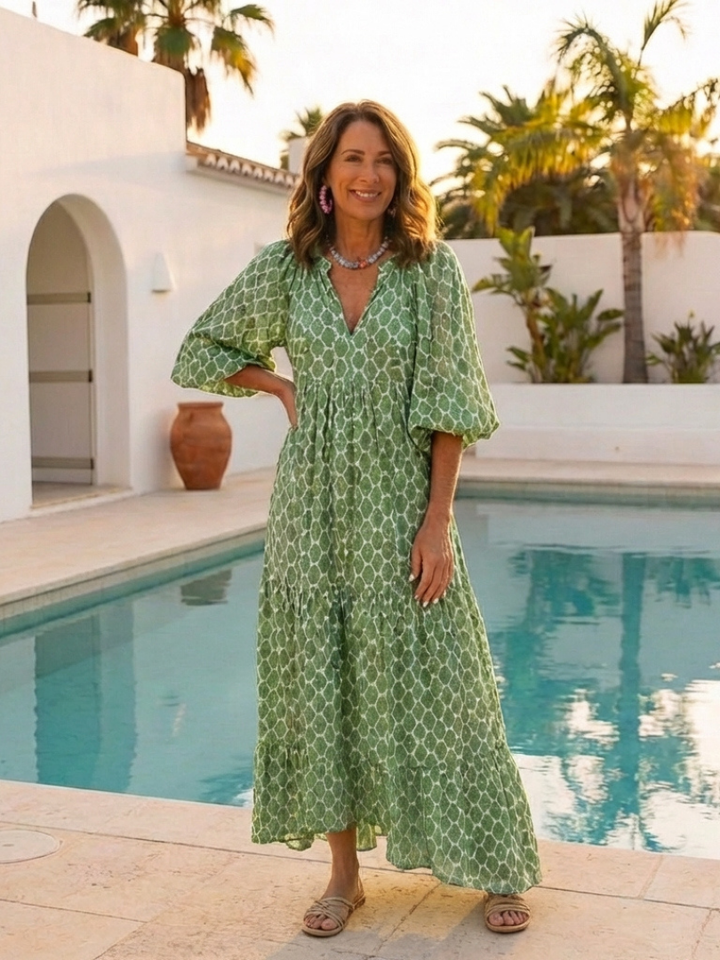 Apolline | Vestido Midi Padrão com Decote em V e Manga Três Quartos