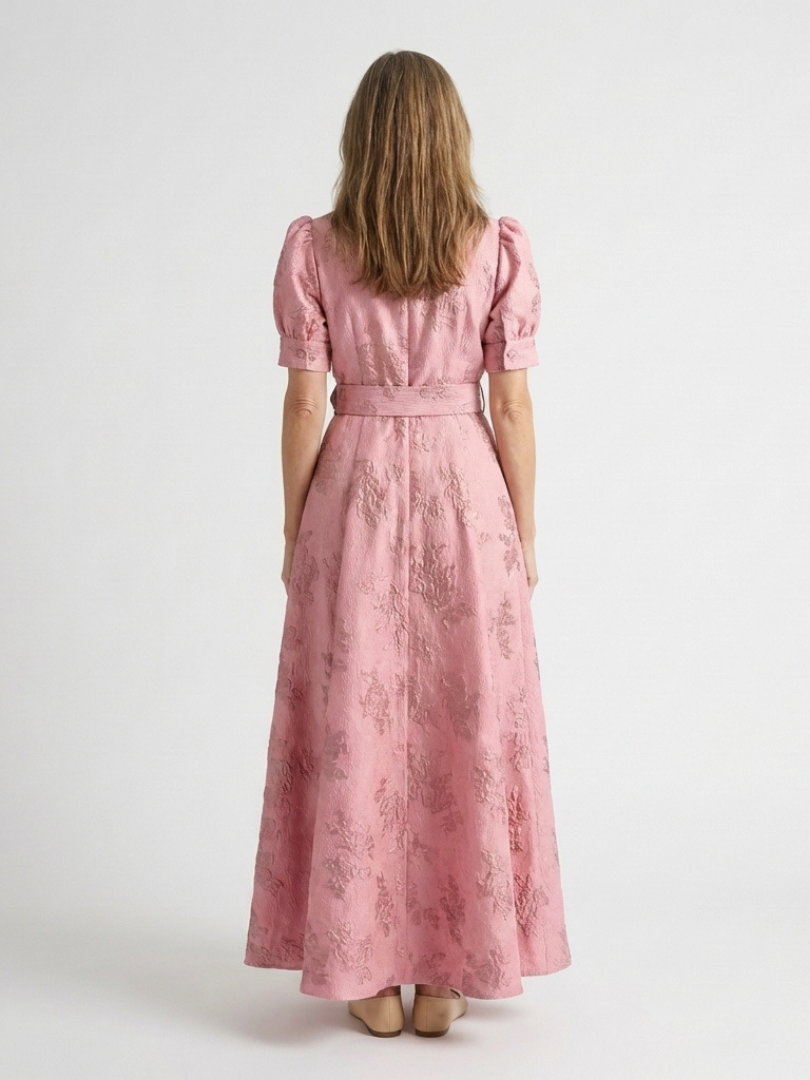 Xanthea | Vestido Comprido Texturizado Floral de Manga Curta Com Cinto