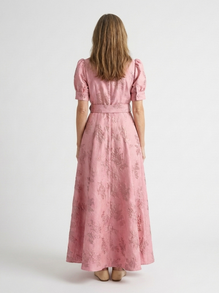 Xanthea | Vestido Comprido Texturizado Floral de Manga Curta Com Cinto