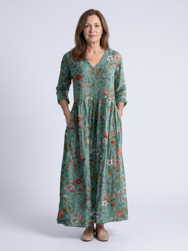 Marina | Vestido Maxi com Decote em V Floral e Manga Três Quartos