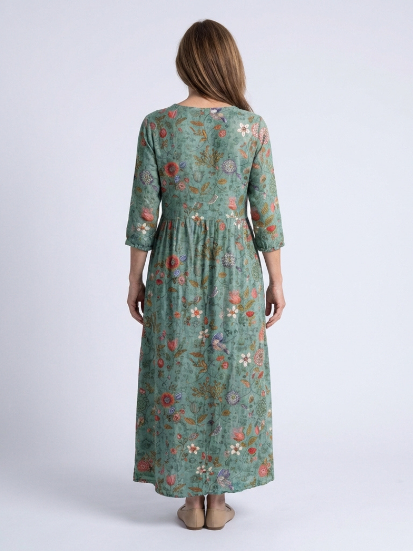 Marina | Vestido Maxi com Decote em V Floral e Manga Três Quartos