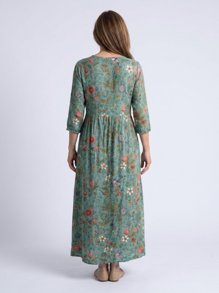 Marina | Vestido Maxi com Decote em V Floral e Manga Três Quartos