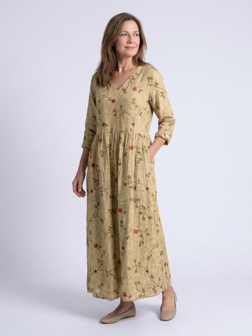 Marina | Vestido Maxi com Decote em V Floral e Manga Três Quartos