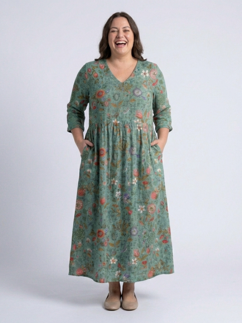 Marina | Vestido Maxi com Decote em V Floral e Manga Três Quartos