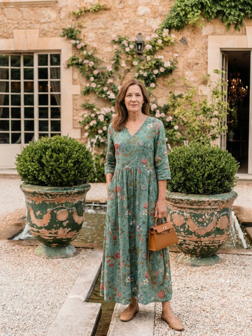 Marina | Vestido Maxi com Decote em V Floral e Manga Três Quartos
