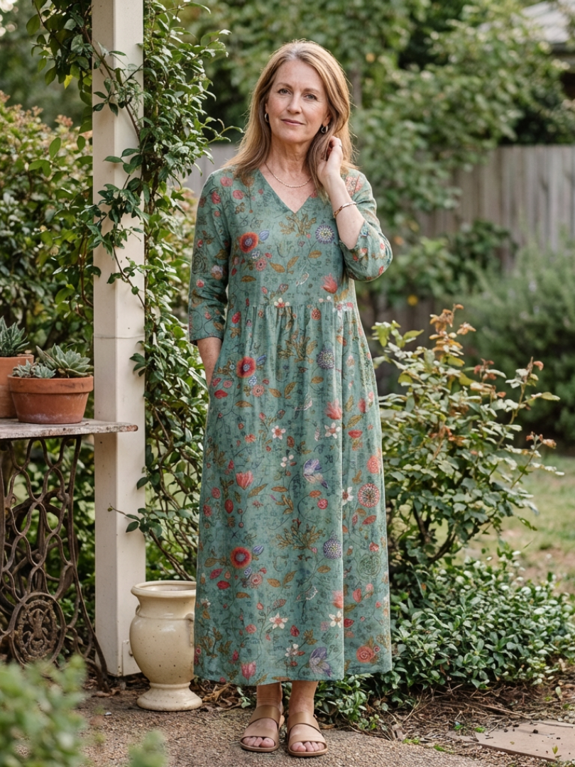 Marina | Vestido Maxi com Decote em V Floral e Manga Três Quartos