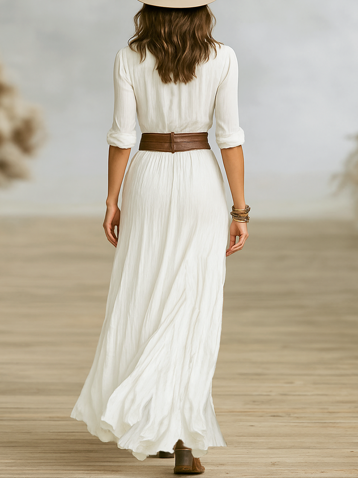 Aurora | Vestido Longo de Linho com Gola Invertida