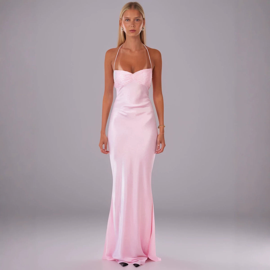2025 European and American Cross-Border New Style Sexy Strapless Sequined Satin Solid Color Backless Tie-Up Bodycon Dress Summer Long Dress