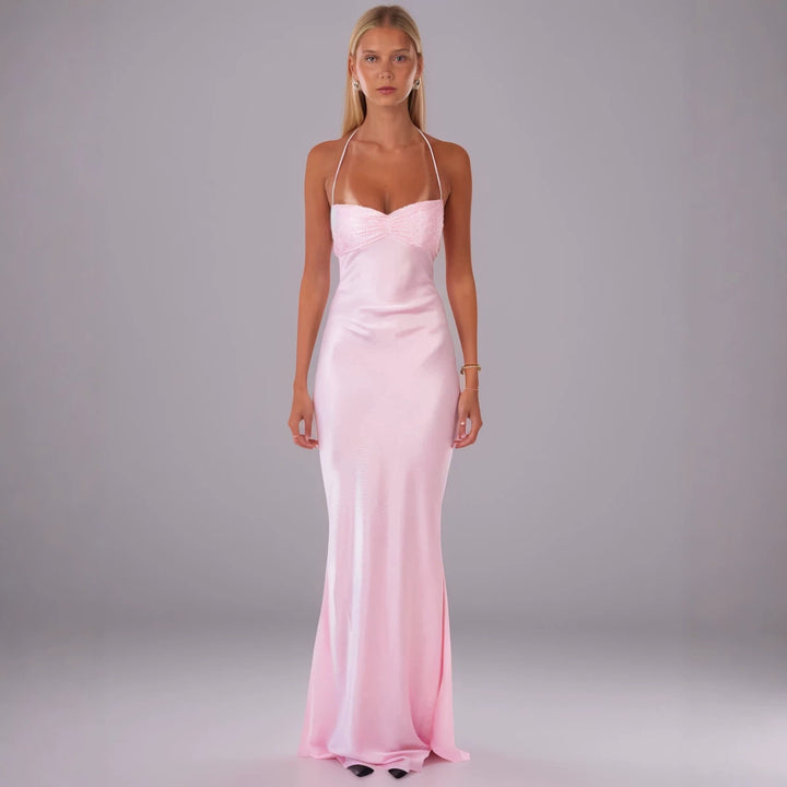 2025 European and American Cross-Border New Style Sexy Strapless Sequined Satin Solid Color Backless Tie-Up Bodycon Dress Summer Long Dress