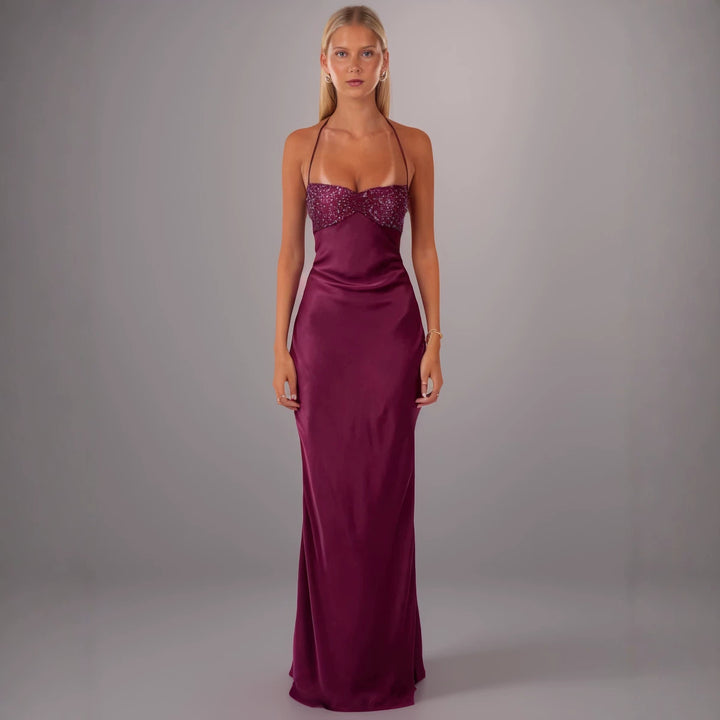 2025 European and American Cross-Border New Style Sexy Strapless Sequined Satin Solid Color Backless Tie-Up Bodycon Dress Summer Long Dress