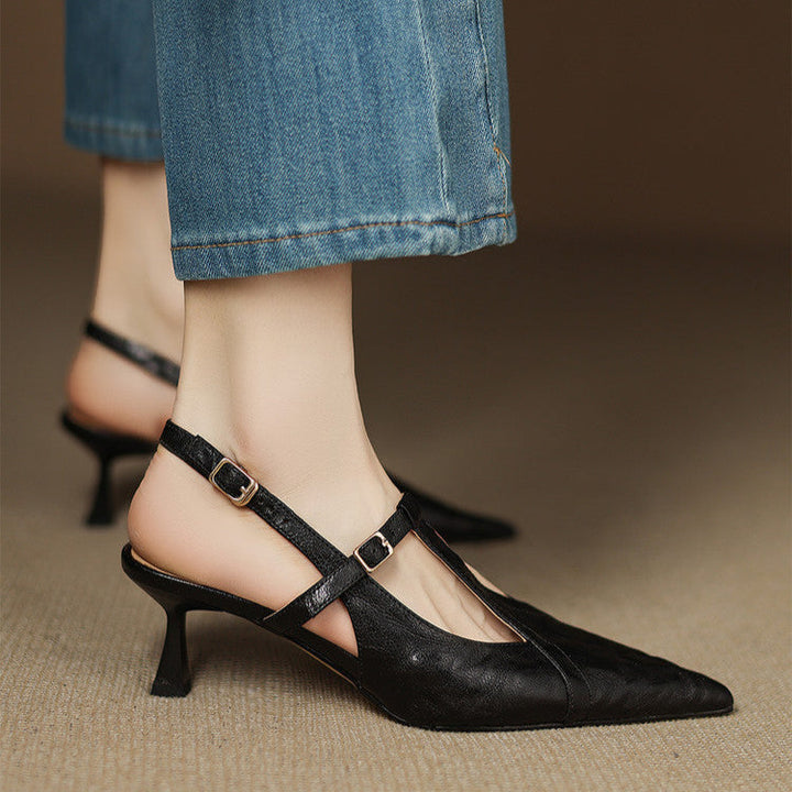 Sapatos de Salto Alto em Couro Preto Autêntico