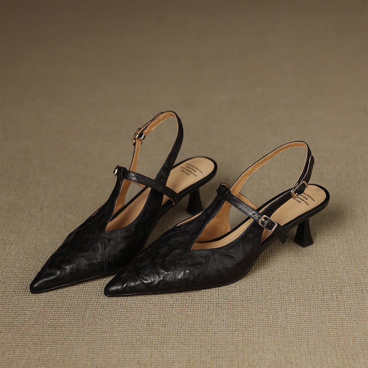 Sapatos de Salto Alto em Couro Preto Autêntico
