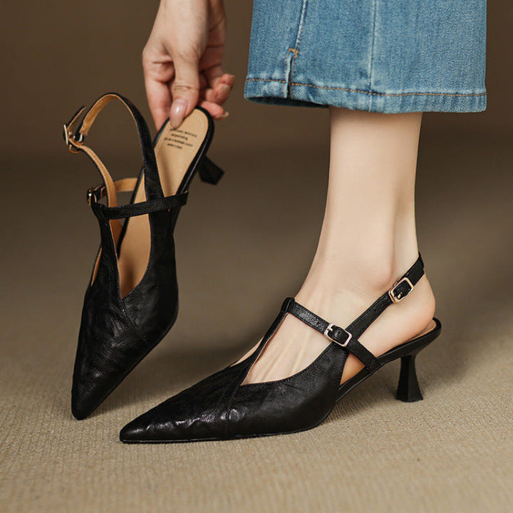 Sapatos de Salto Alto em Couro Preto Autêntico