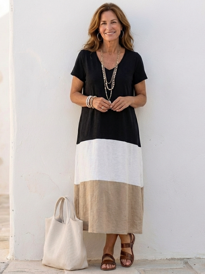 Thalia | Vestido Midi de Manga Curta em Blocos de Cor com Decote em V