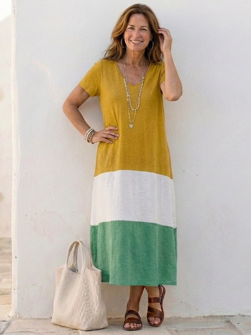 Thalia | Vestido Midi de Manga Curta em Blocos de Cor com Decote em V