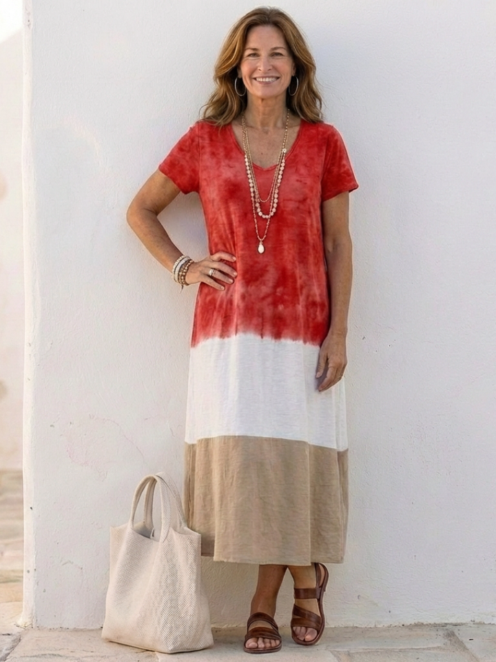 Thalia | Vestido Midi de Manga Curta em Blocos de Cor com Decote em V