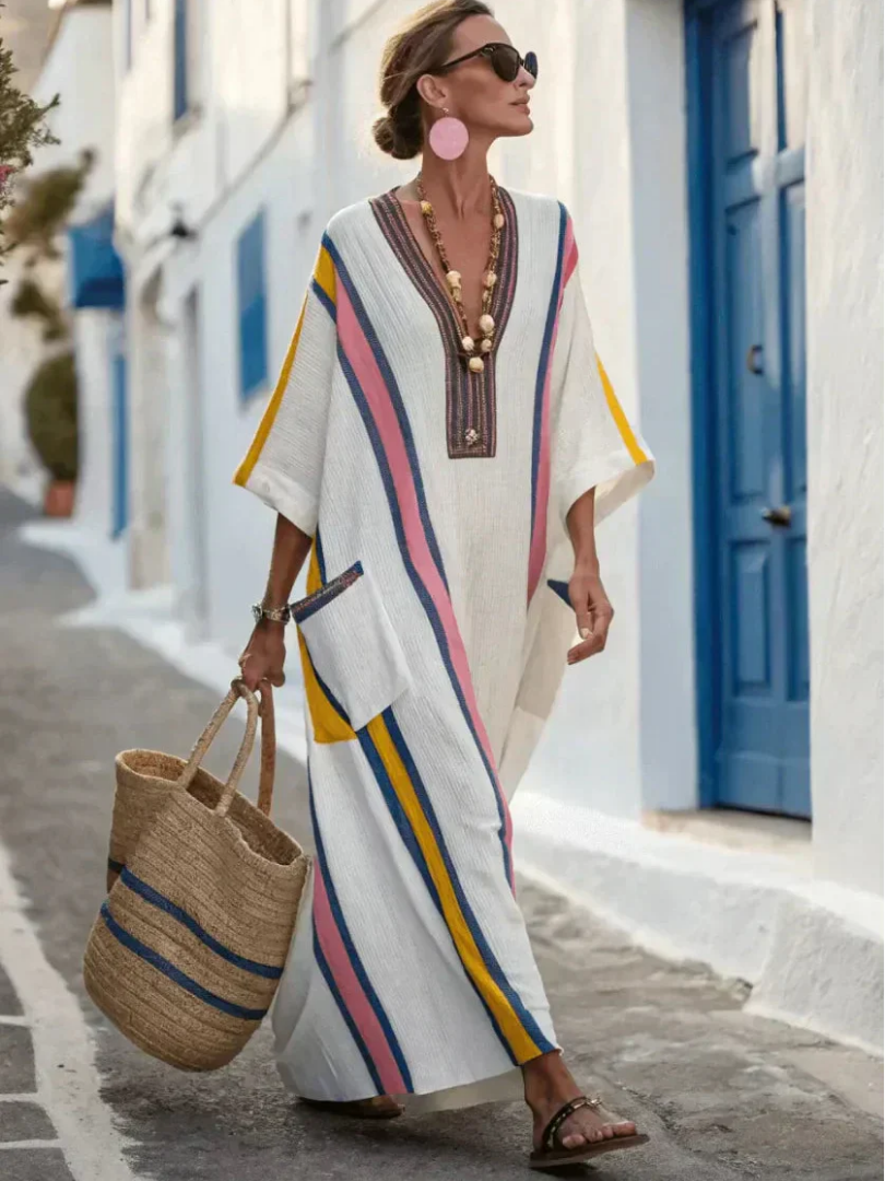 Noemi | Vestido Maxi com Decote em V e Manga Curta com Bolso