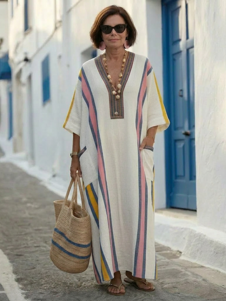 Noemi | Vestido Maxi com Decote em V e Manga Curta com Bolso