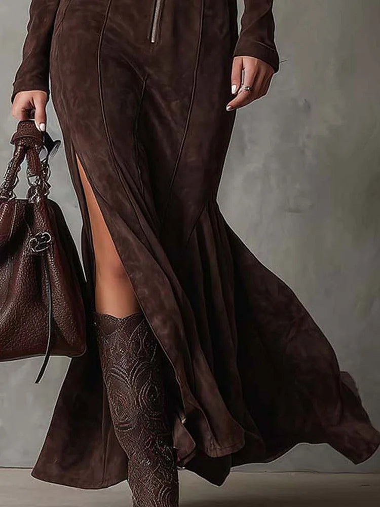 Marselha | Vestido comprido castanho com cinto