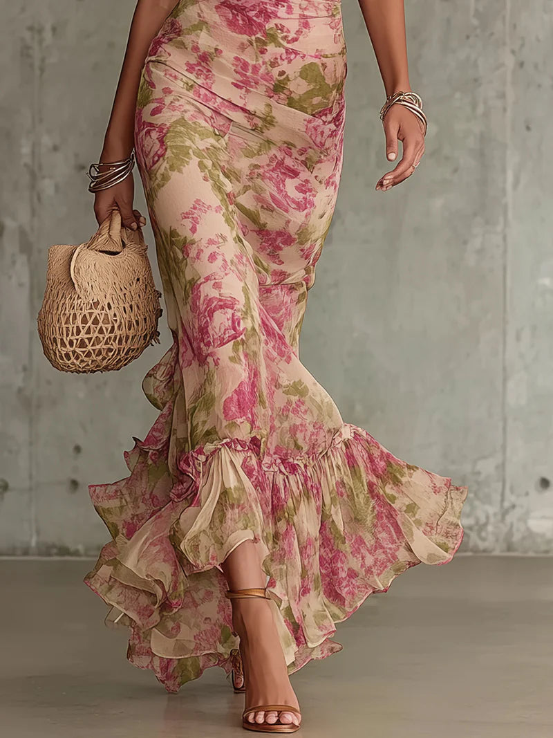 Lorena | Vestido comprido romântico com estampado de rosas
