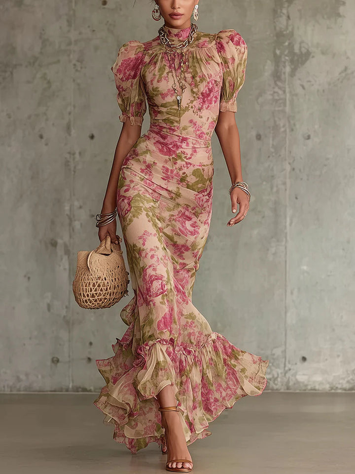 Lorena | Vestido comprido romântico com estampado de rosas