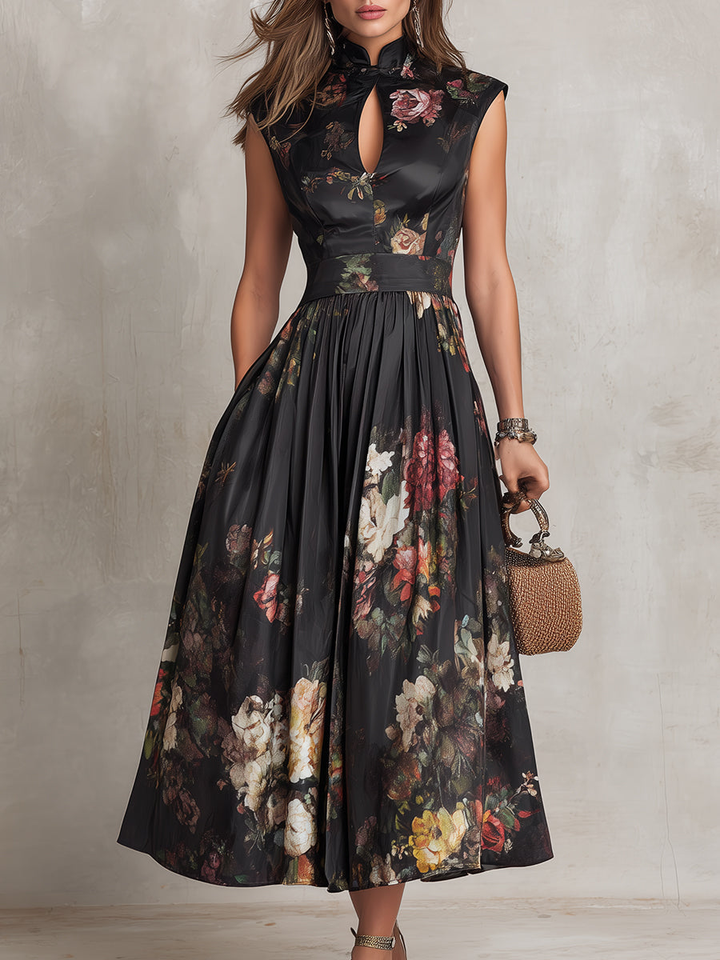 Estefanía | Vestido midi acetinado preto com padrão floral