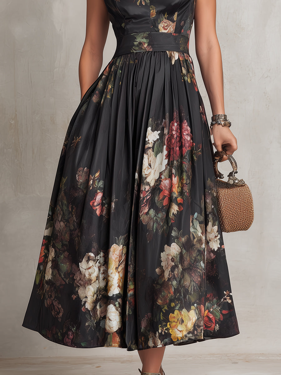 Estefanía | Vestido midi acetinado preto com padrão floral