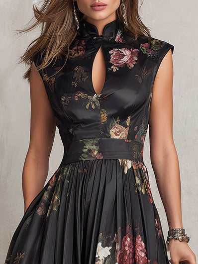 Estefanía | Vestido midi acetinado preto com padrão floral