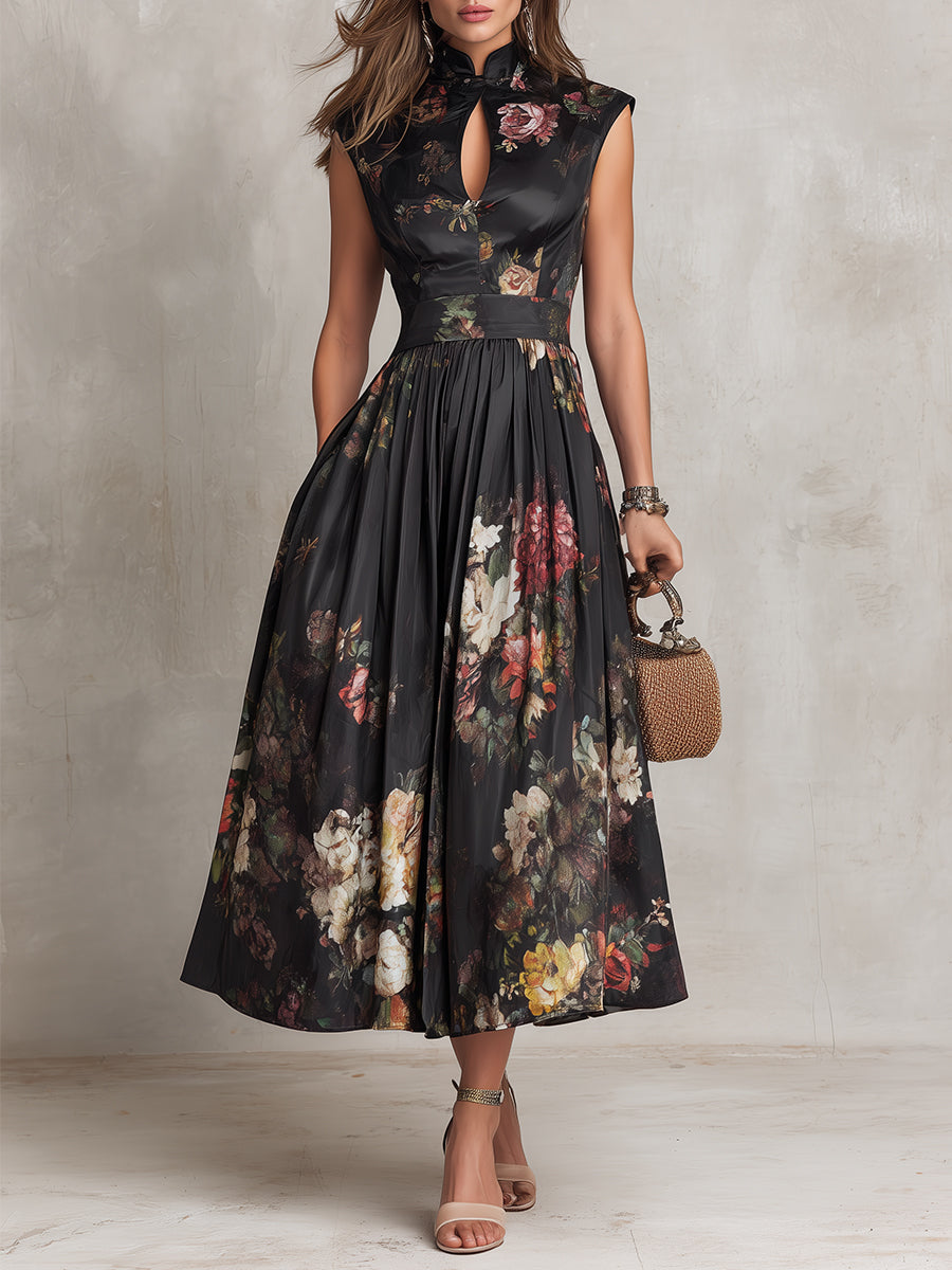 Estefanía | Vestido midi acetinado preto com padrão floral