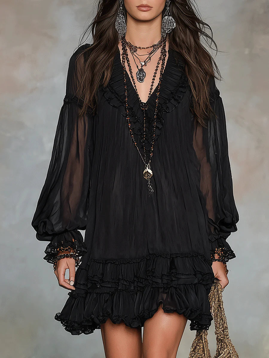 Patricia | Vestido curto preto fluido com decote em V e mangas amplas