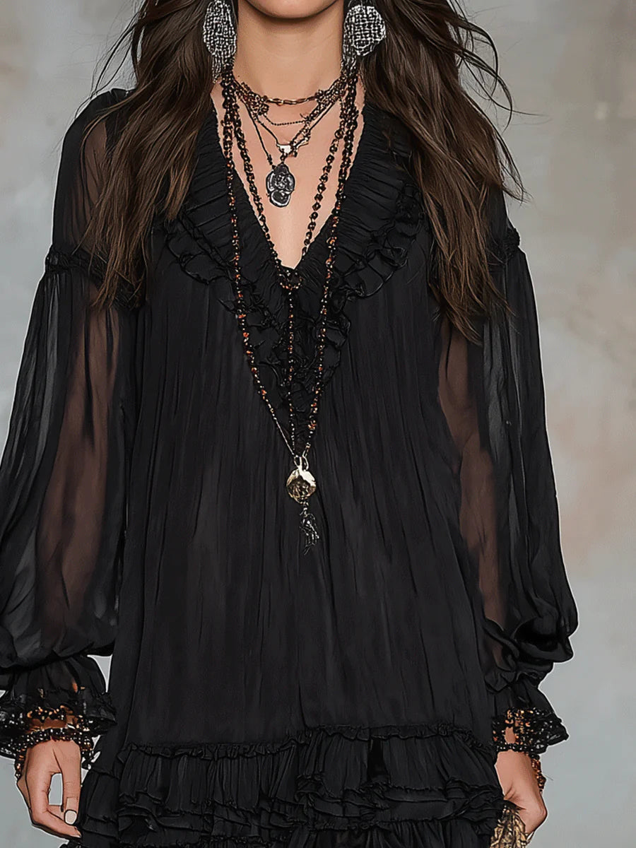 Patricia | Vestido curto preto fluido com decote em V e mangas amplas