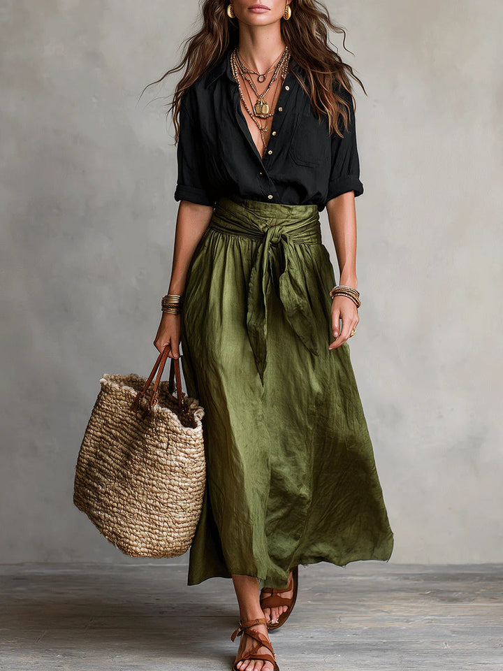 Vera™ | Conjunto de duas peças: t-shirt preta e saia midi verde azeitona