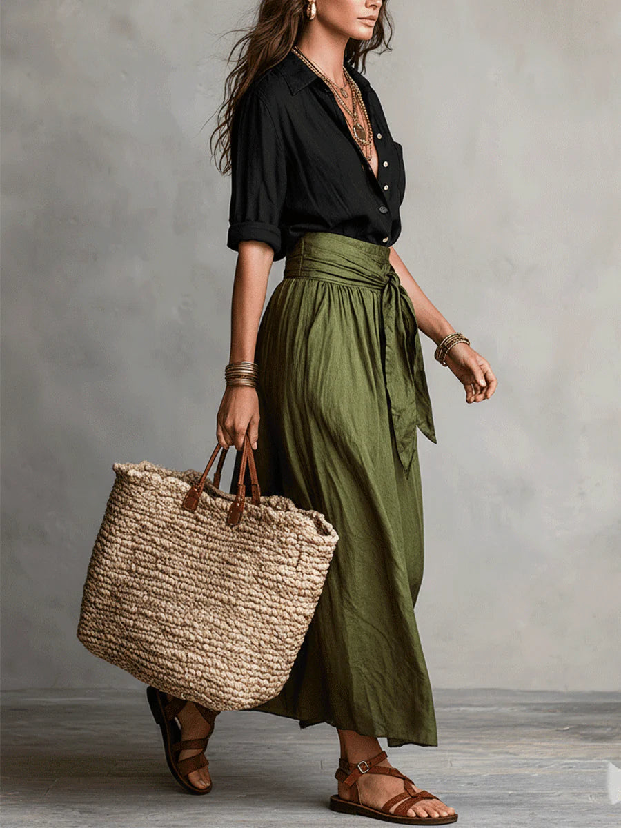 Vera™ | Conjunto de duas peças: t-shirt preta e saia midi verde azeitona