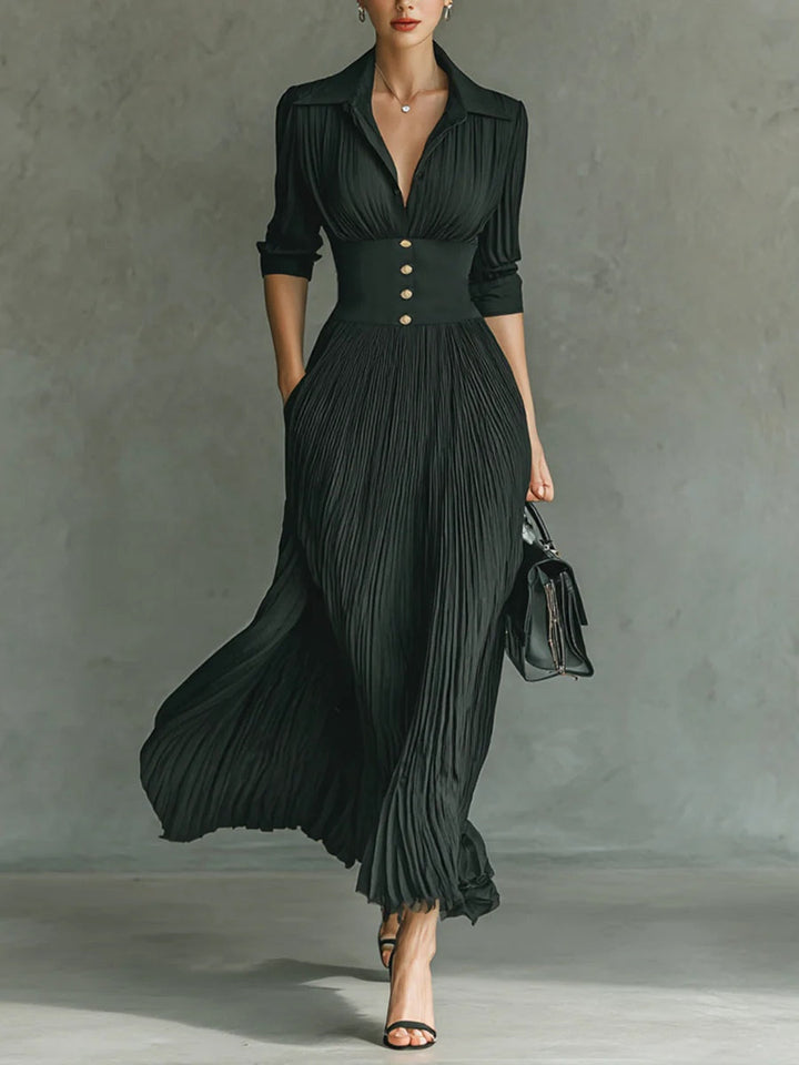 Elvira | Vestido largo plisado con solapa y cintura alta