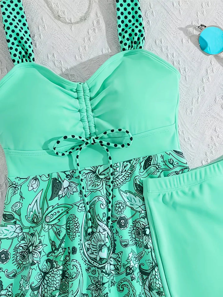 menta | Conjunto de biquíni floral que esconde a barriga