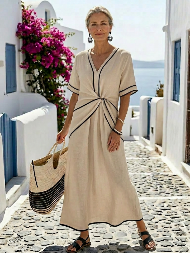 Linnea | Vestido Midi com Manga Curta, Decote em V e Cintura Franzida