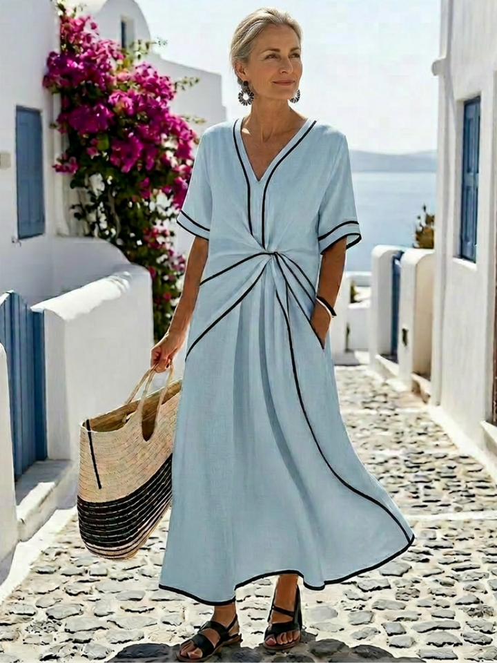 Linnea | Vestido Midi com Manga Curta, Decote em V e Cintura Franzida