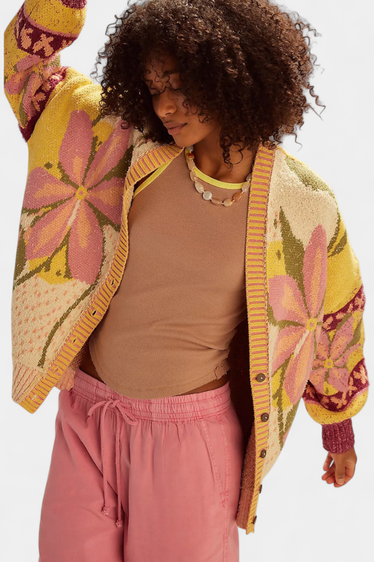 Cardigan de malha Casey com padrão floral e ajuste folgado