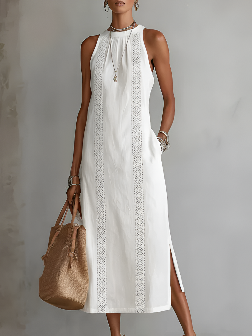 Jimena | Vestido branco midi de linho com gola mandarim