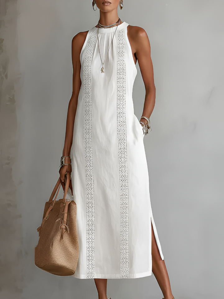 Jimena | Vestido branco midi de linho com gola mandarim