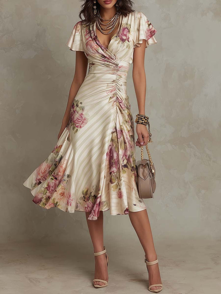 Alba | Vestido midi acetinado floral elegante estilo retro
